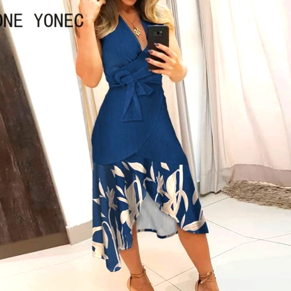 Yonec Women's High Low Dress - Blue and White